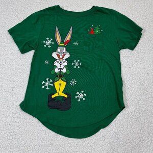 Looney Tunes Bugs Bunny Elf Christmas Snowflakes Graphic T-Shirt Size M (7-9)